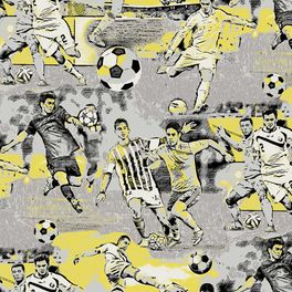 Плотные фактурные обои для мальчиков с рисунком игры в футбол на серо желтом фоне  в детскую.